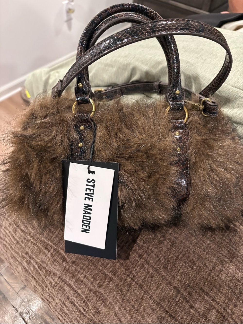 Steve Madden Brown Faux-Fur Satchel with Textured Handles